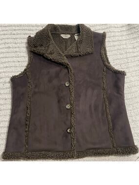 LL Bean Faux Shearling Fur Lined Vest Button Faux Suede Womens Size Large Brown